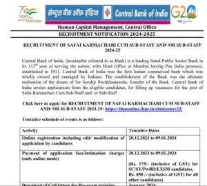 Central Bank of India Sub Staff Recruitment 2023 Out