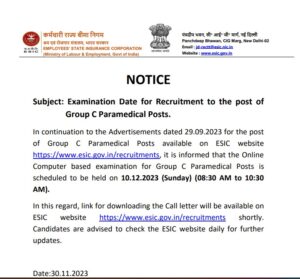 ESIC Paramedic Staff Exam Date 2023 Out